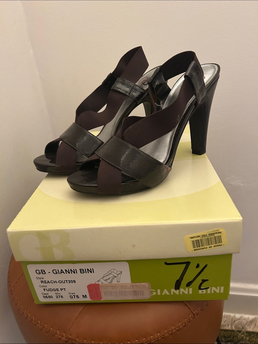 Gianni Bini Brown Patent Peep-Toe Slingback Heels